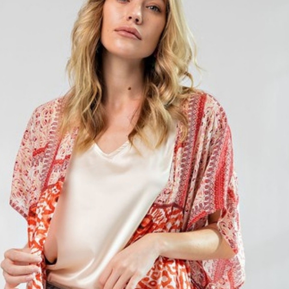 Easel "Lunch In The Garden" Orange and White Floral Boho Kimono, Size 3X. NWT - Picture 6 of 11